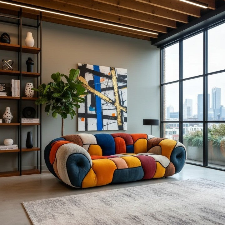 Detailed view of the patchwork velvet on the curved sofa