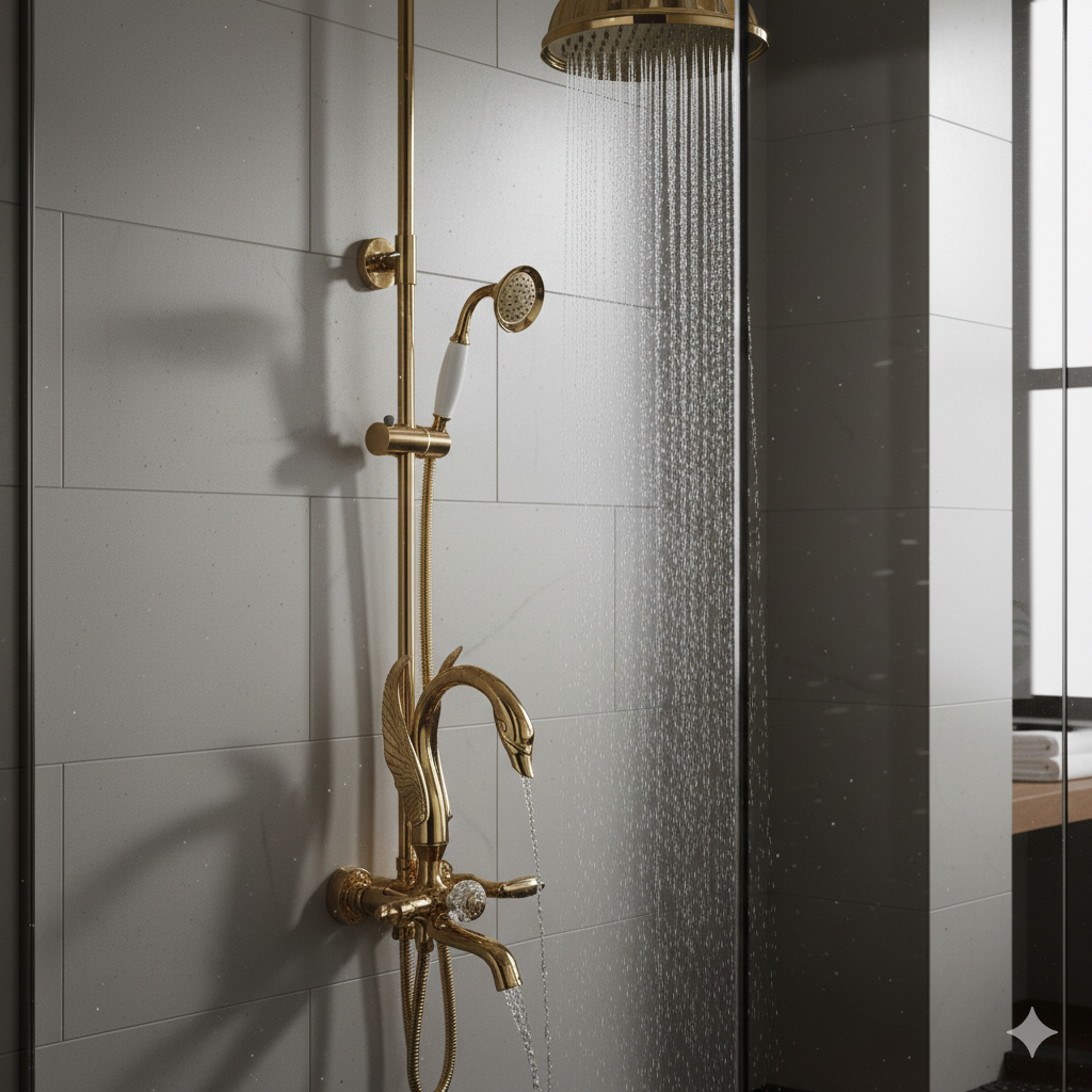 Lifestyle shot of the Gold Swan shower in a modern bathroom