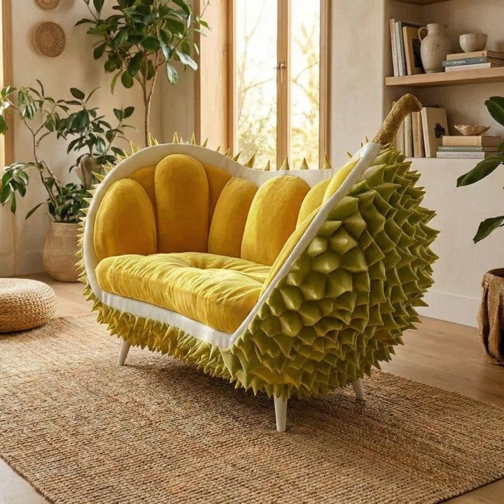 Close-up of the plush cushioned seating on the creative durian-inspired sofa