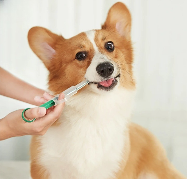 Demonstrating the easy thumb-push control of the pet syringe