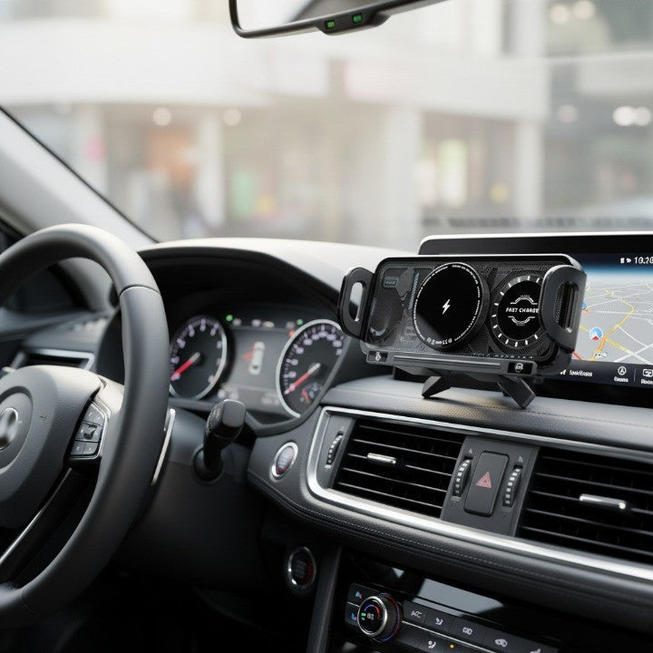 Overhead view of the charger with a phone securely mounted and charging