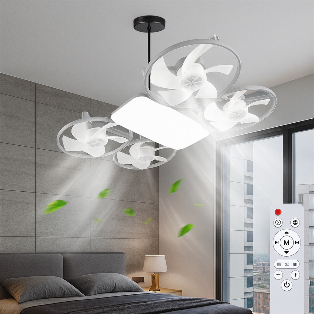 Diagram showing the easy E27 base installation and dimensions of the ceiling fan.