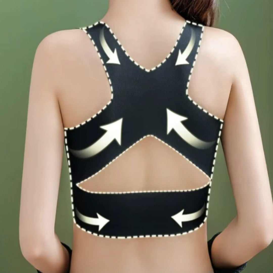 A woman wearing the cross-back supportive bra under her clothes for a seamless look