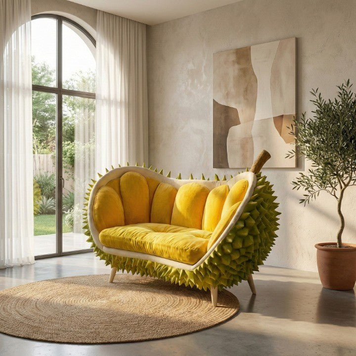 Durian-inspired couch in a boutique hotel or creative lounge setting