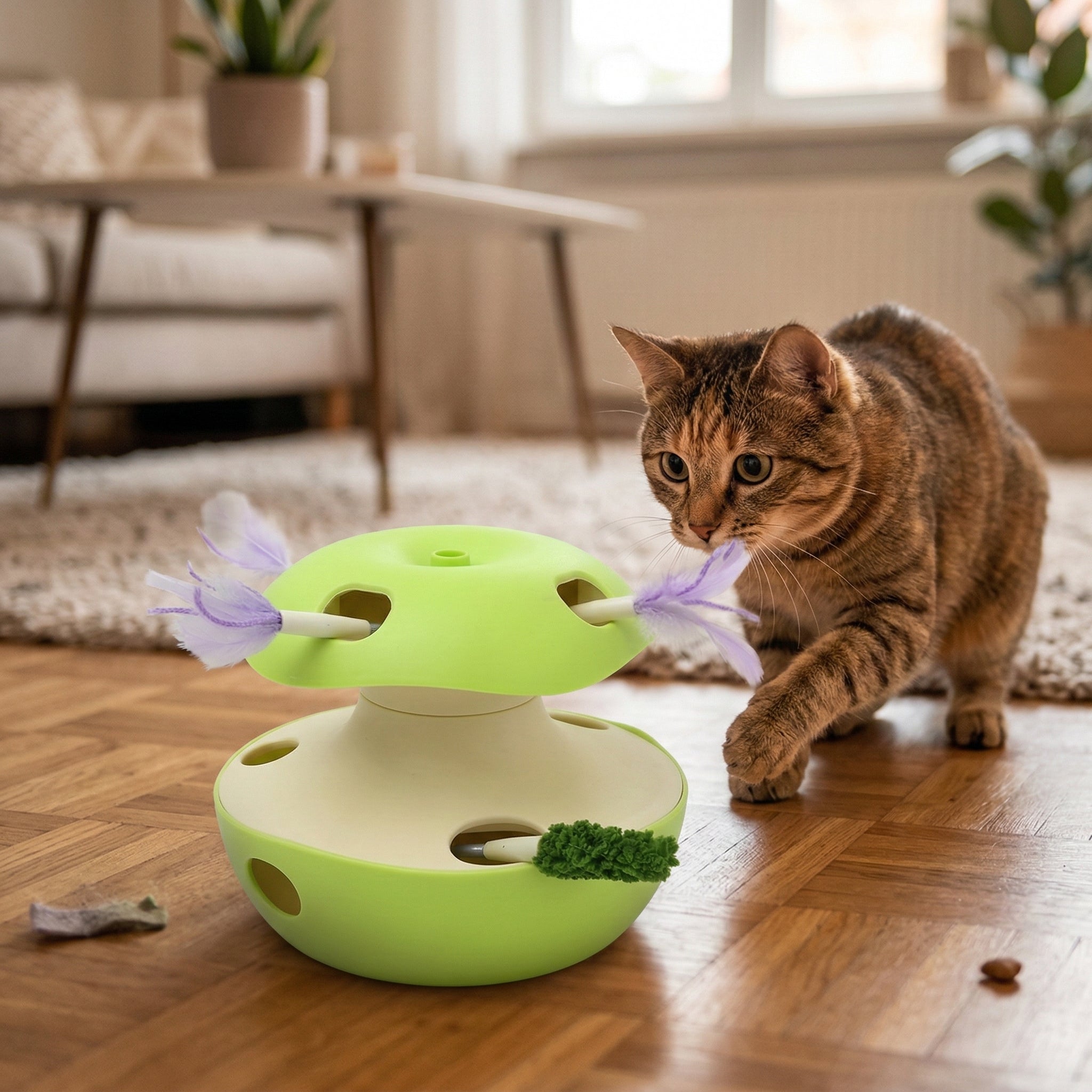 Close-up of the Apple Style Cat Teaser's wood and ABS design on a floor