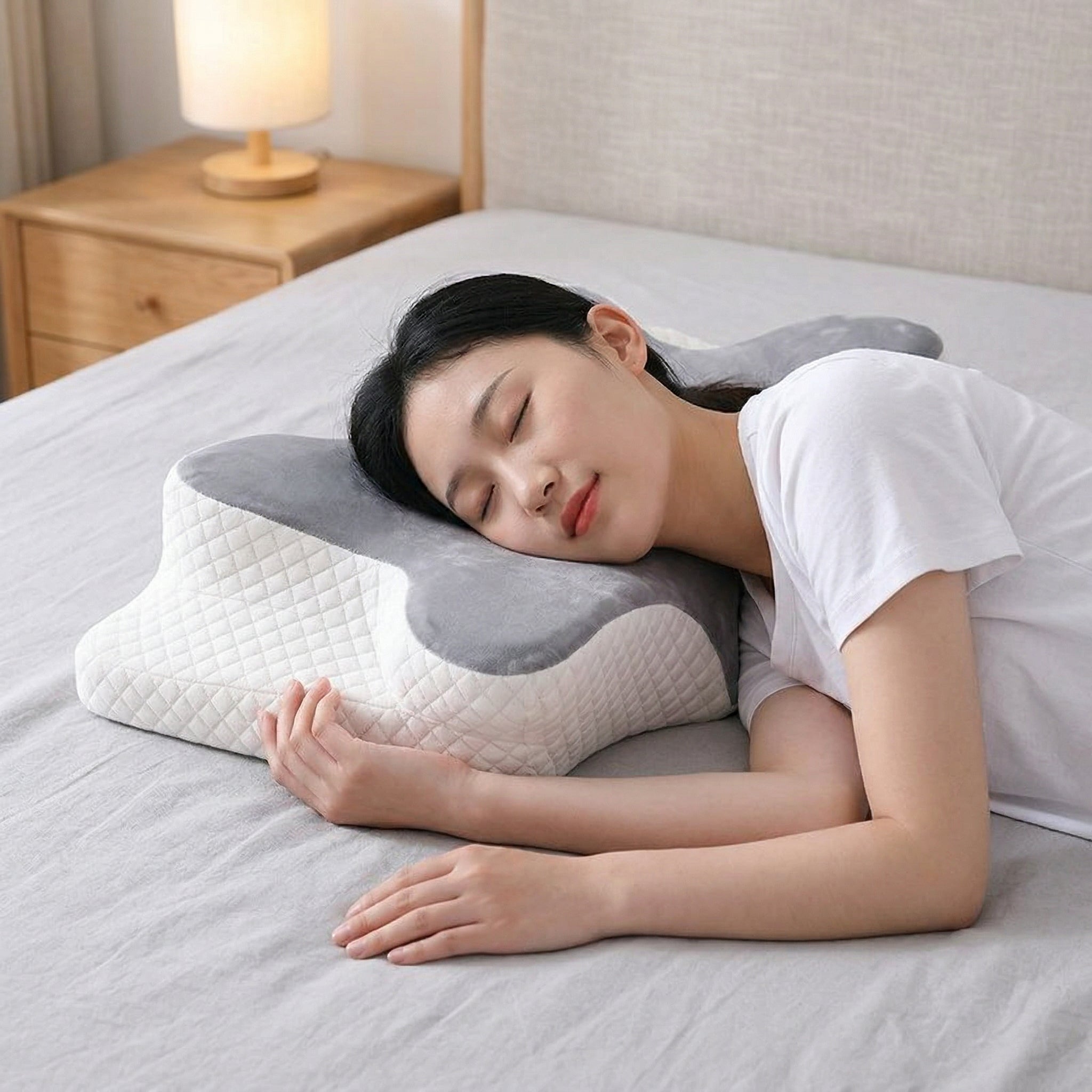 Lifestyle shot of the ergonomic memory foam pillow on a modern sofa, a perfect home essential