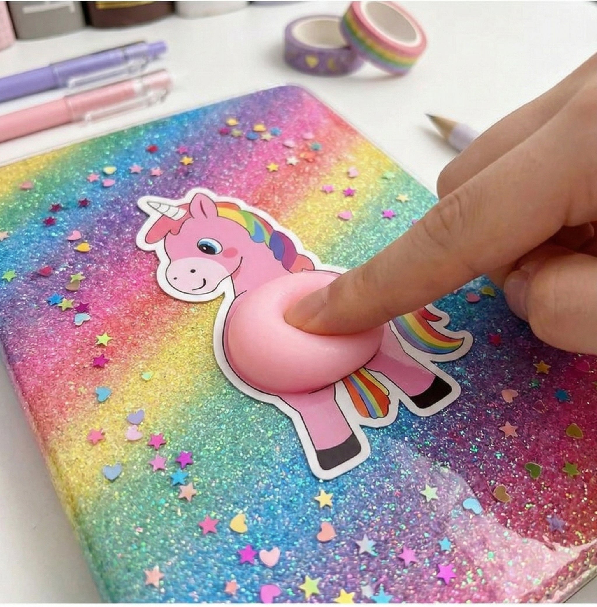 The unicorn bubble sticker in a home setting