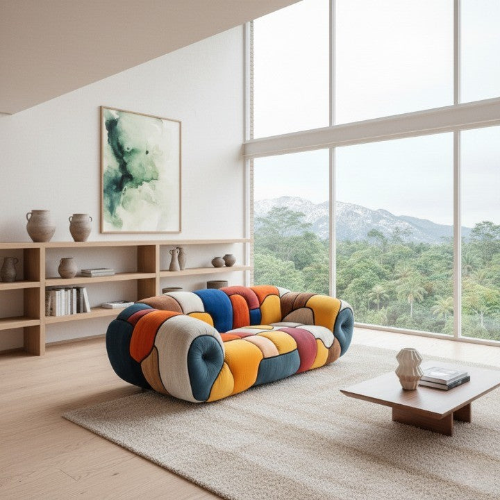 The mosaic velvet sofa in an eclectic, art-inspired interior