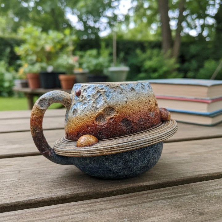 Saturn Rings Creative Handmade Cup displayed on a wooden surface