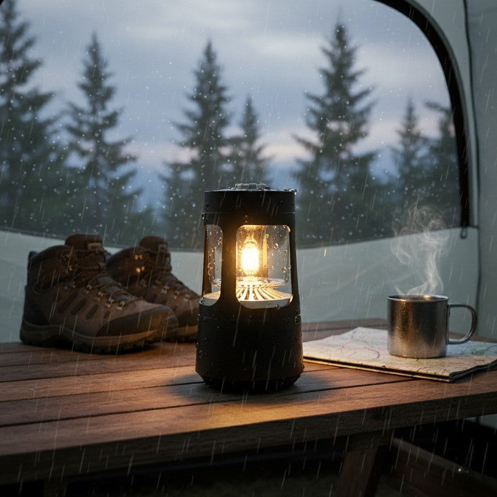 The Glow Pod Rainproof Hanging LED Camping Lantern glowing brightly on a table.