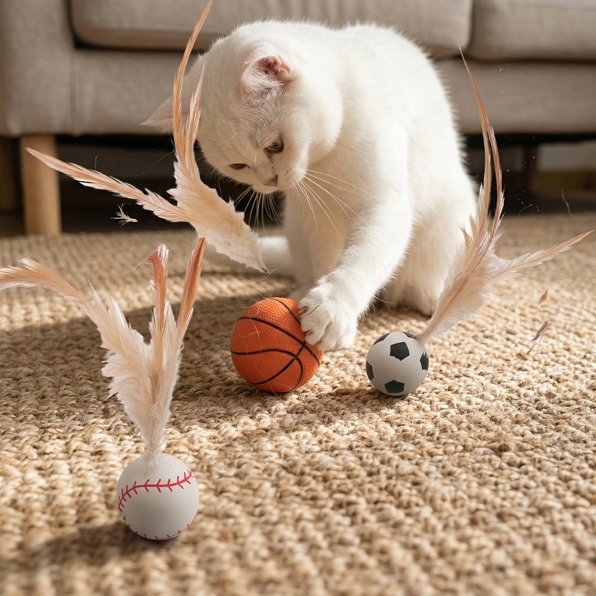 Detailed view of the feather and rubber ball construction of the cat toy
