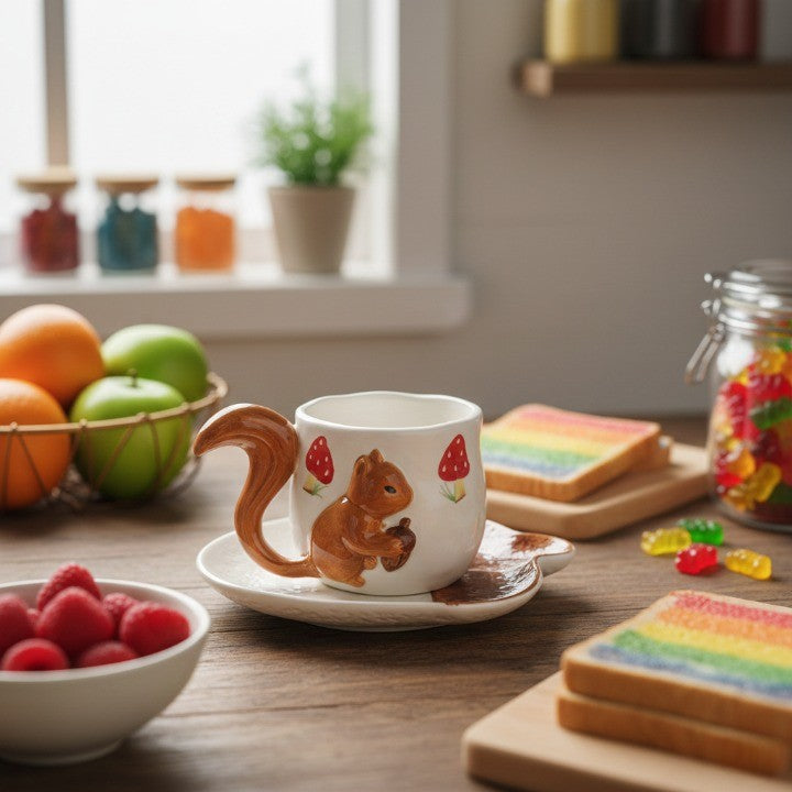 Forest Squirrel Artisan Tea Cup with a whimsical design