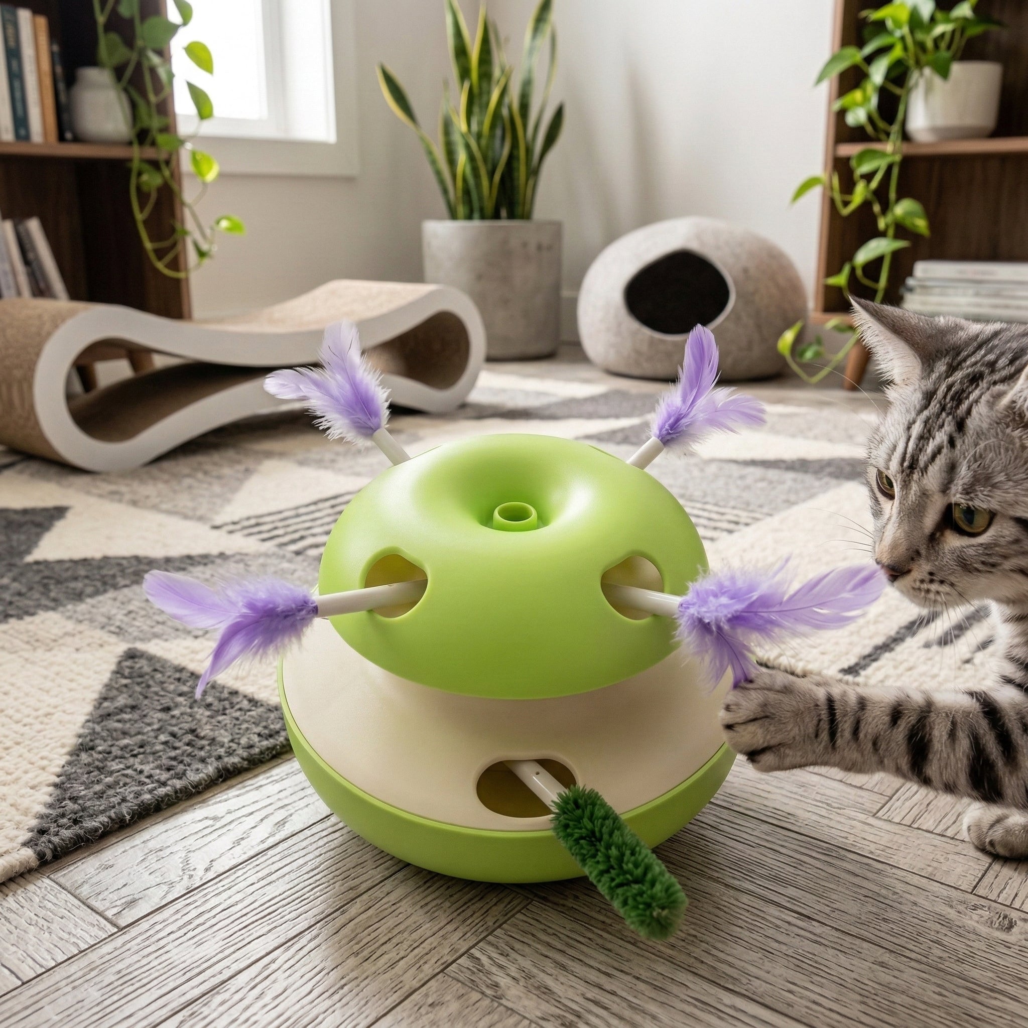 Cat looking curiously at the Interactive Apple Style Automatic Cat Teaser Toy