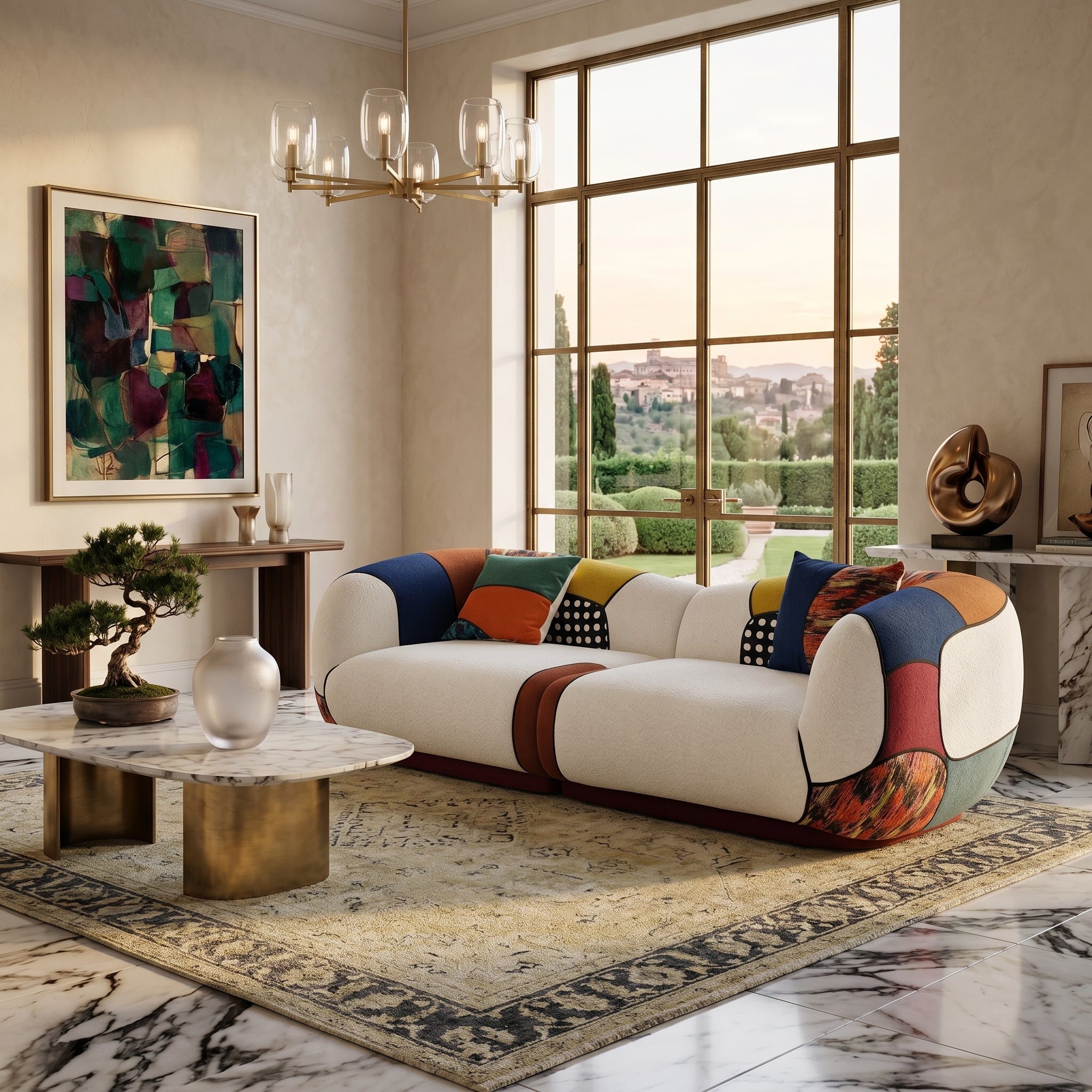 Detailed view of the patchwork colorblock fabric on the Matissero sofa