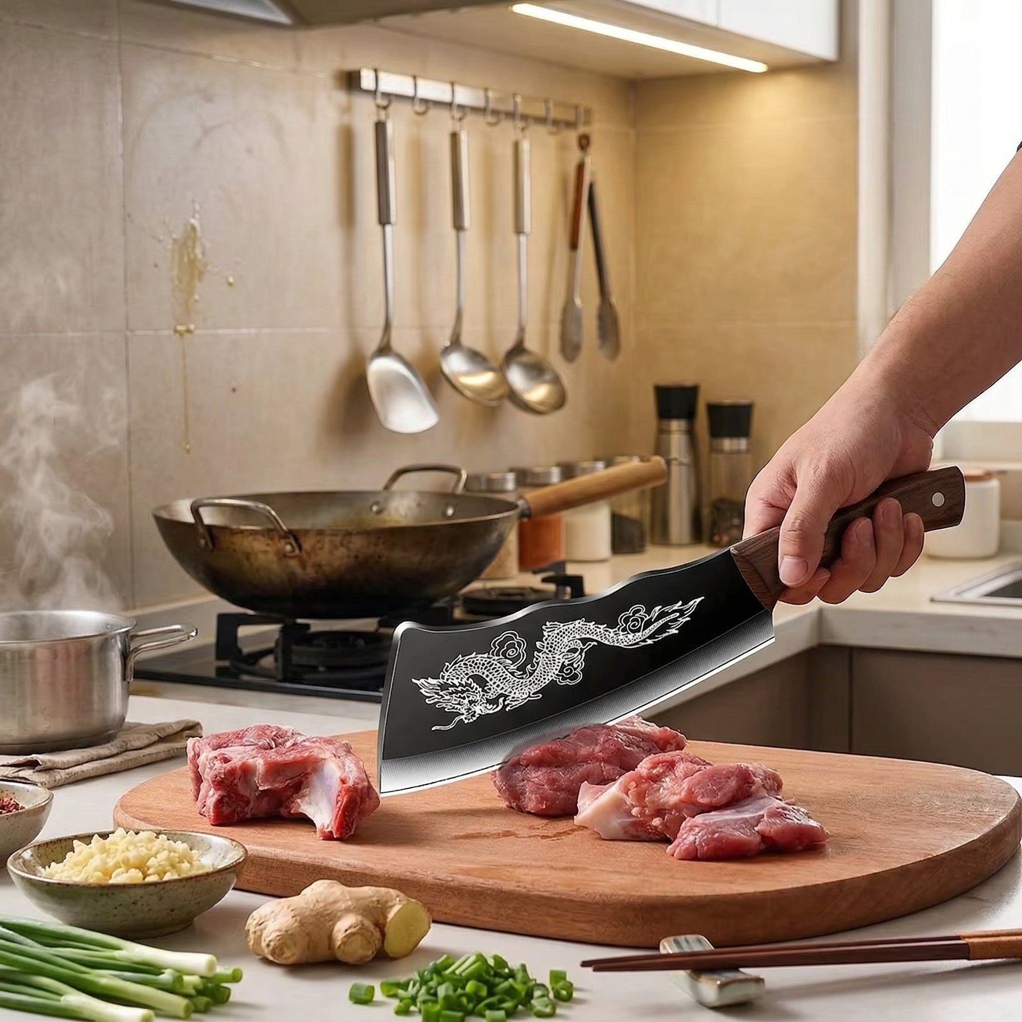 Full view of the Dragon Edge Engraved Knife showing its size and design