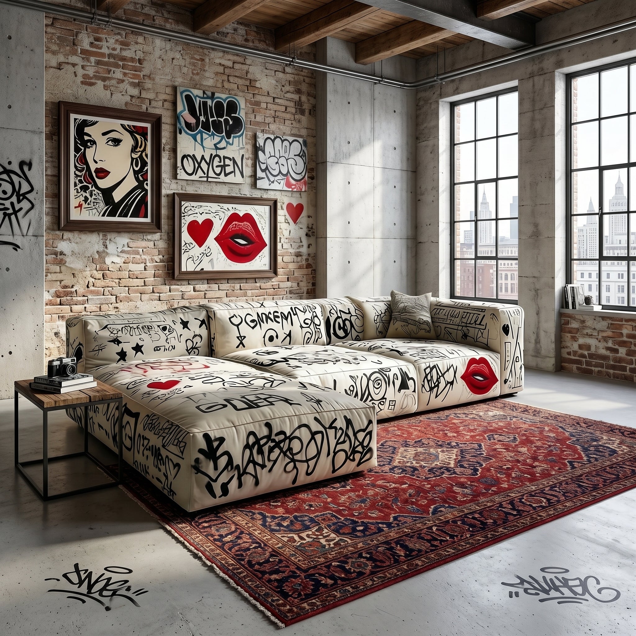 Street Art Graffiti Printed Sectional Sofa in a modern living room