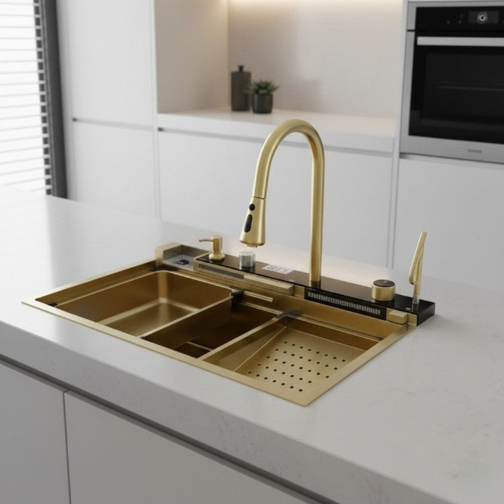 Close-up of the brushed matte stainless steel finish on the modular sink