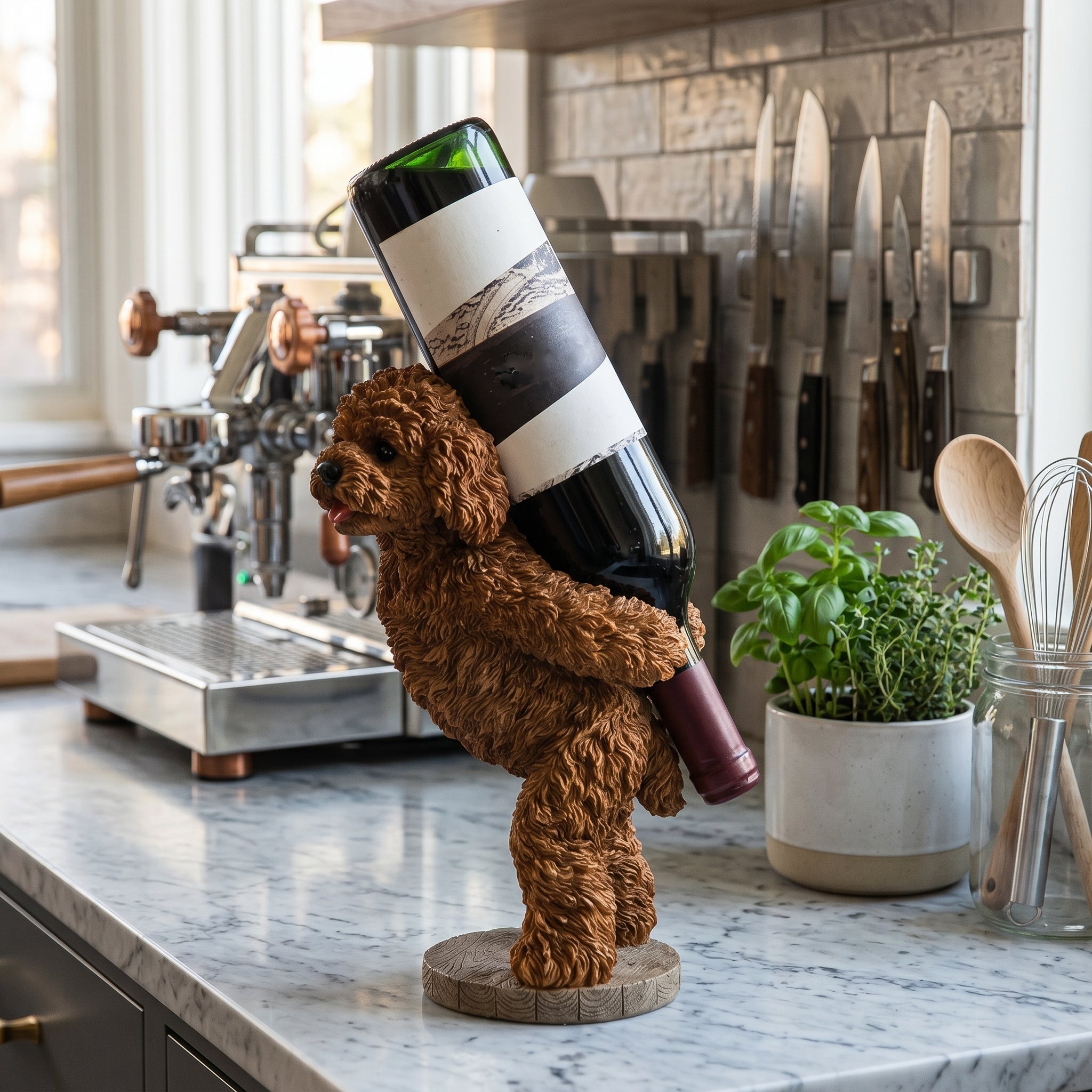 Party Puppy Wine Bottle Holder showcasing its detailed resin design on a table.
