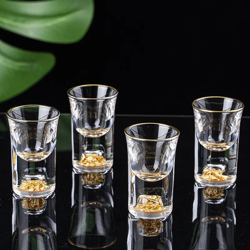The complete Sparkling Golden Handcrafted Drink Glasses Set with dispenser
