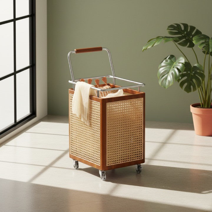 Nordic Rattan Style Rolling Storage Basket shown in a beautifully decorated home