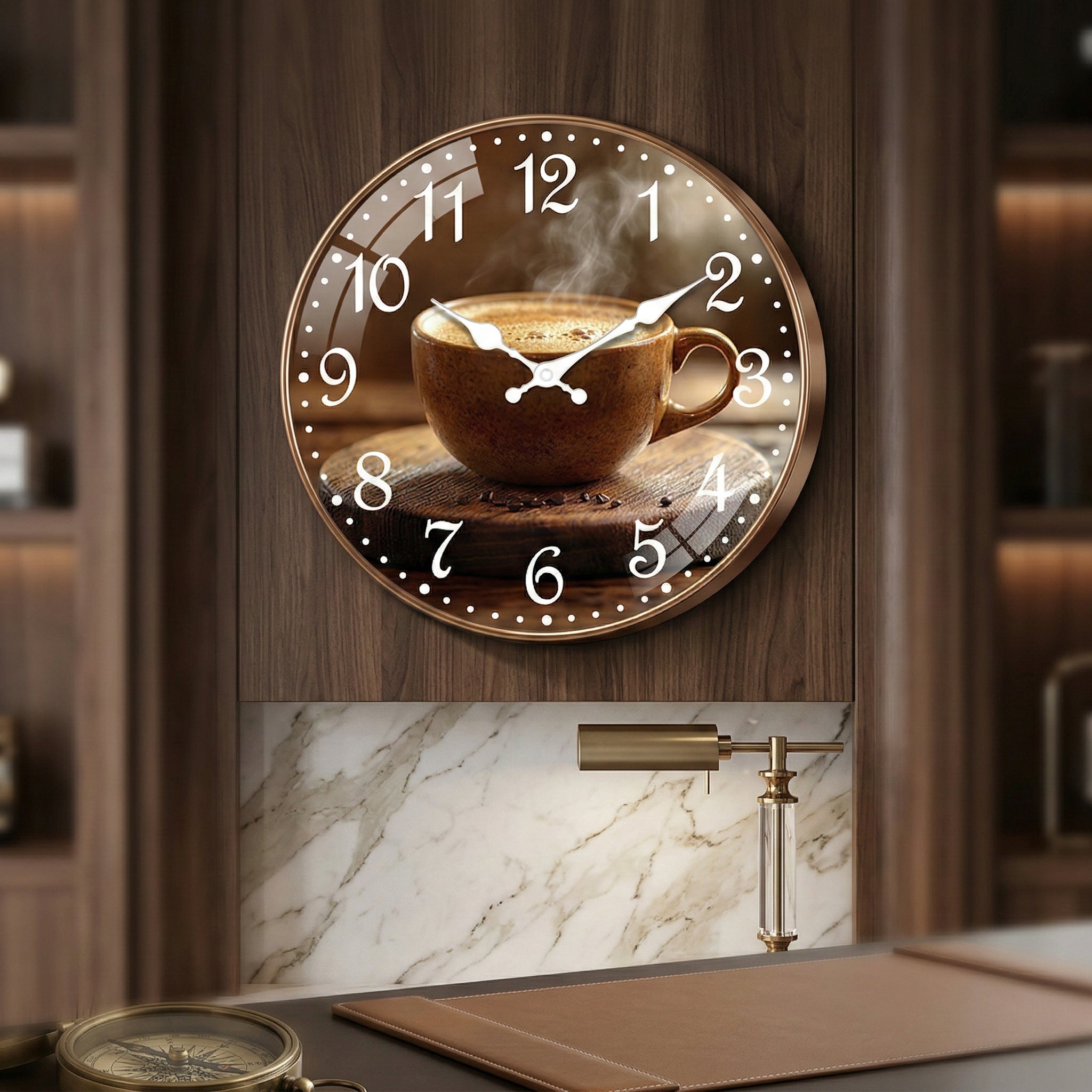 Detailed view of the coffee cup clock face with clear numbers