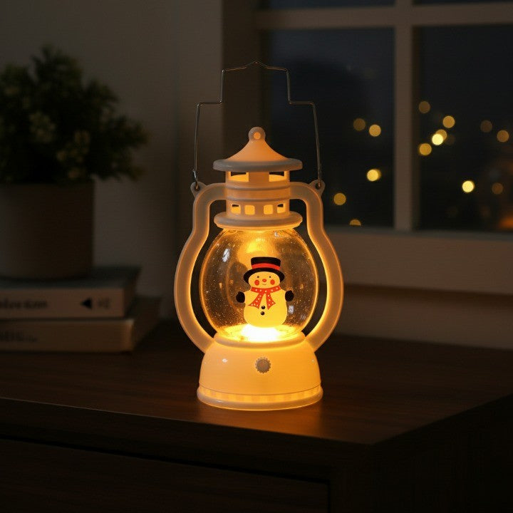 A collection of Winter Time Spirit Mini Lamps glowing softly on a wooden surface