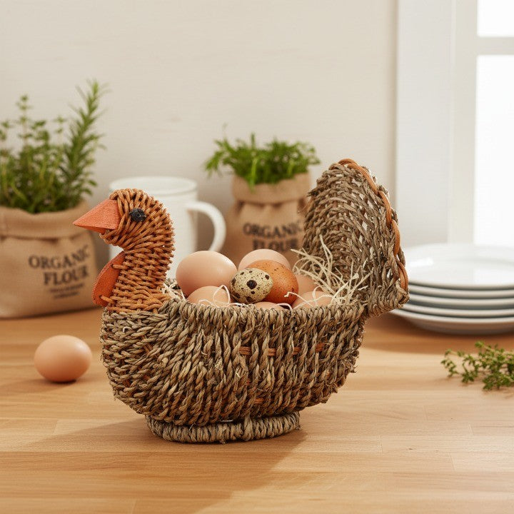 Close-up of the woven texture on the Handcrafted Natural Woven Turkey Shape Basket