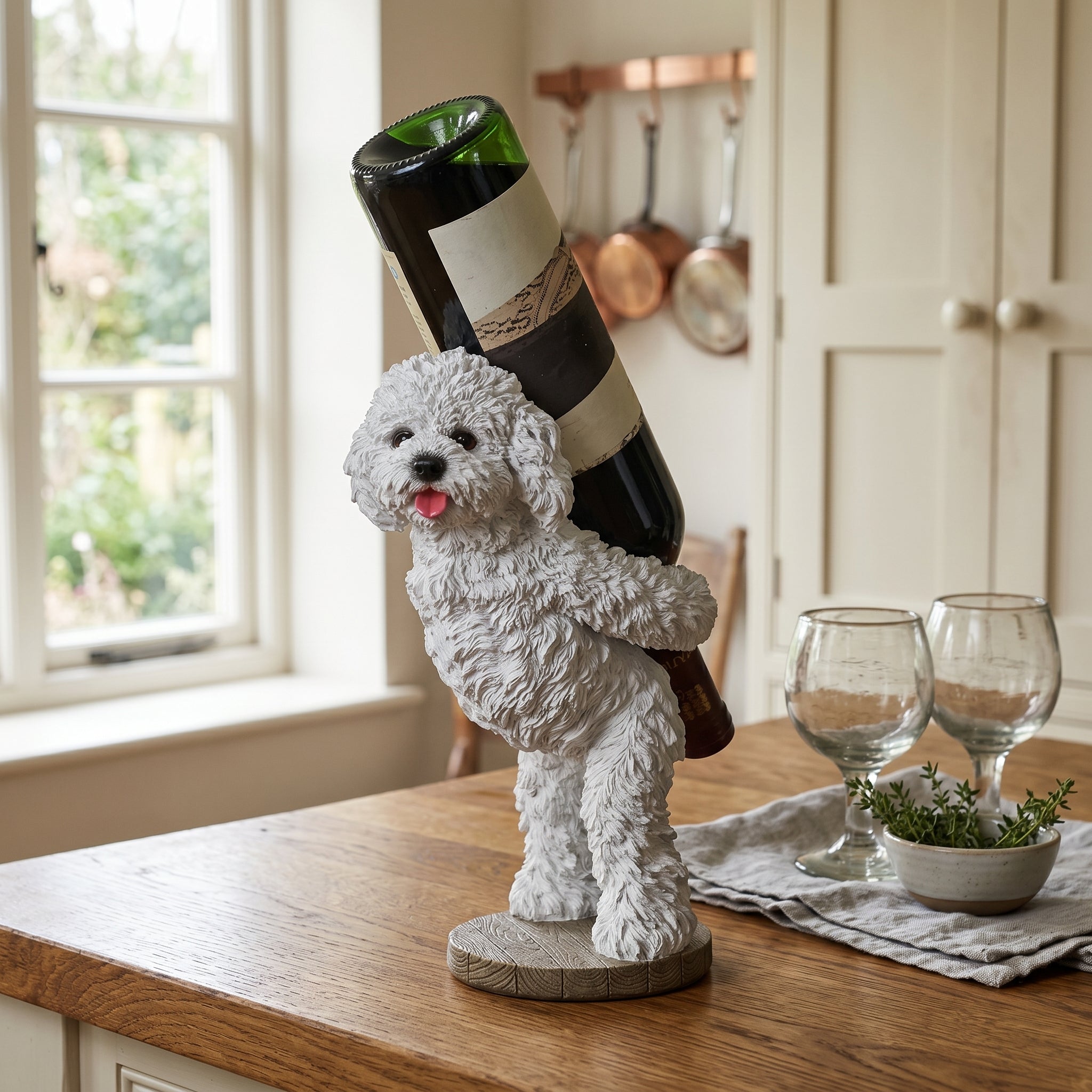 A charming gift for dog lovers the Party Puppy Wine Bottle Holder holding a wine bottle.