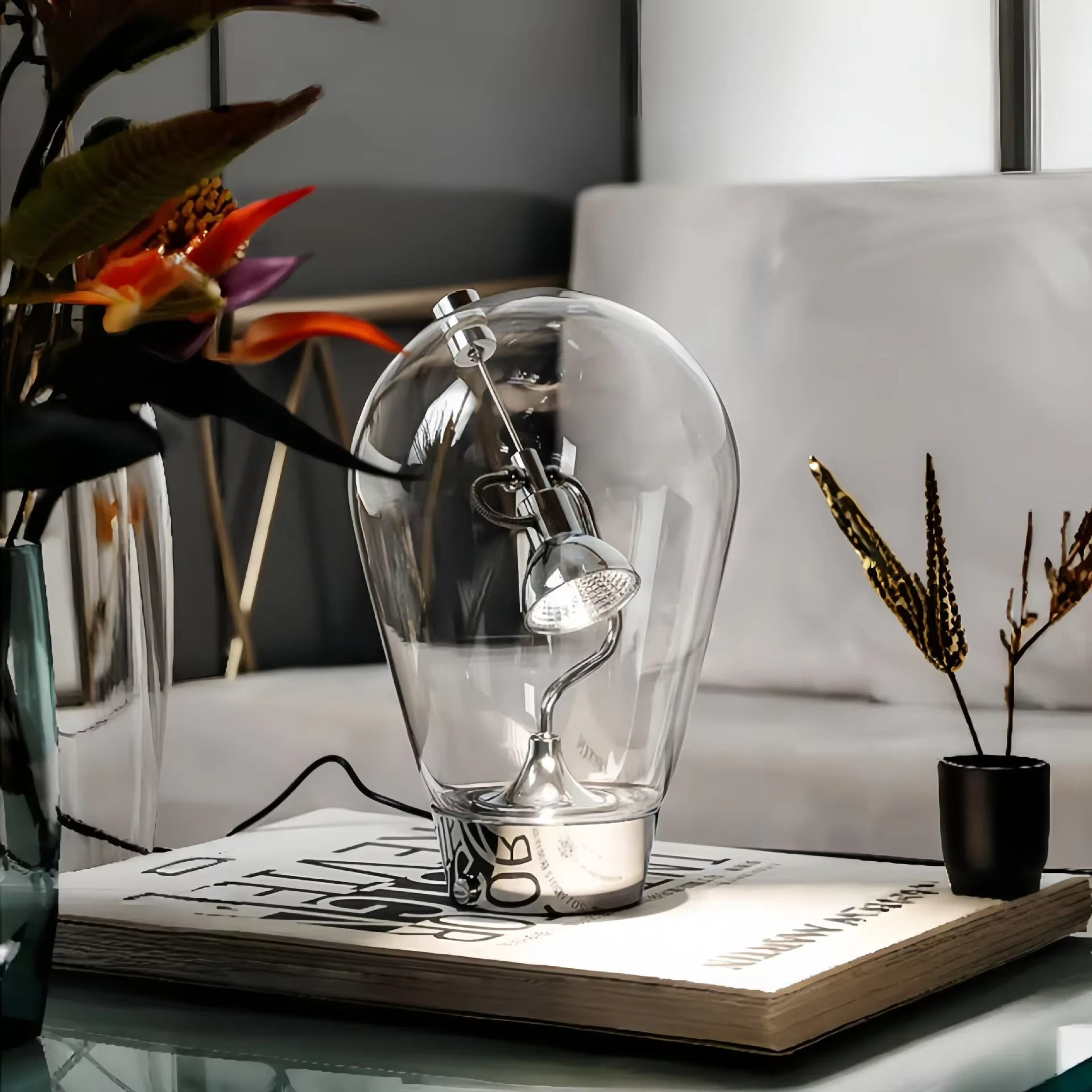 Close-up of the sculptural glass design of the unique Halo lamp.