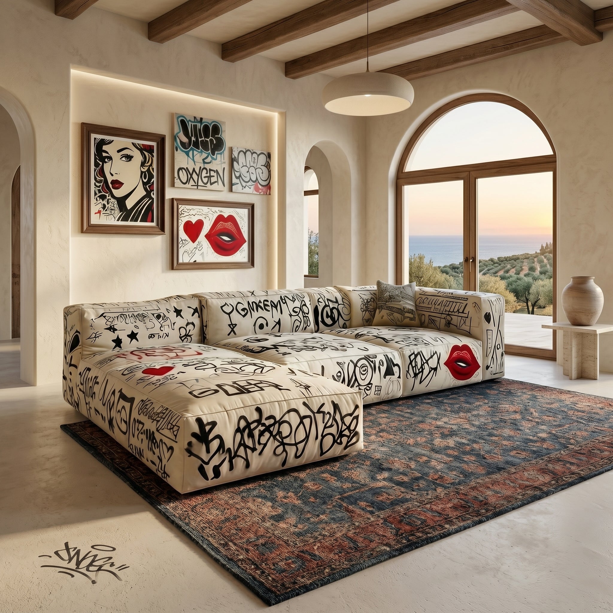 Close-up of the vibrant graffiti print on the sectional sofa