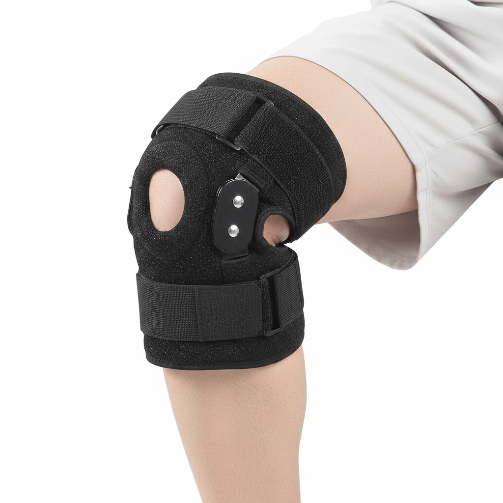 Man wearing the compression stabilizer knee brace during a run outdoors