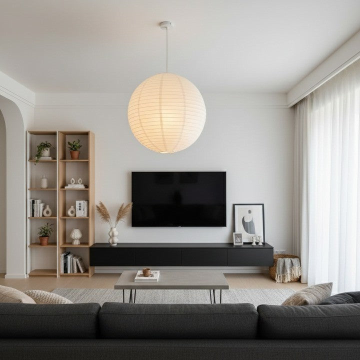 The paper lantern lamp illuminating a cozy living space with a warm glow