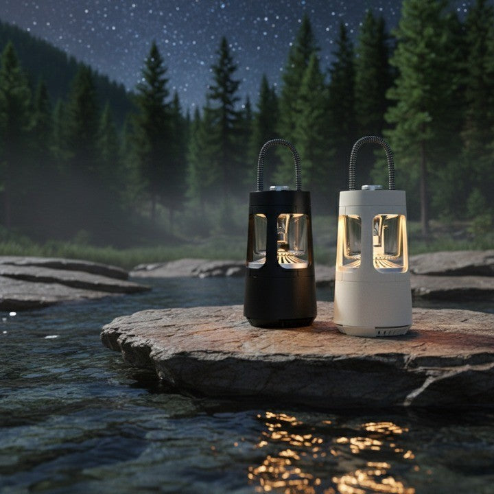 The versatile hanging handle of the Glow Pod lantern being used on a branch.