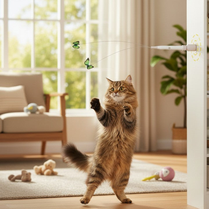 Cat pouncing on the interactive butterfly toy gift