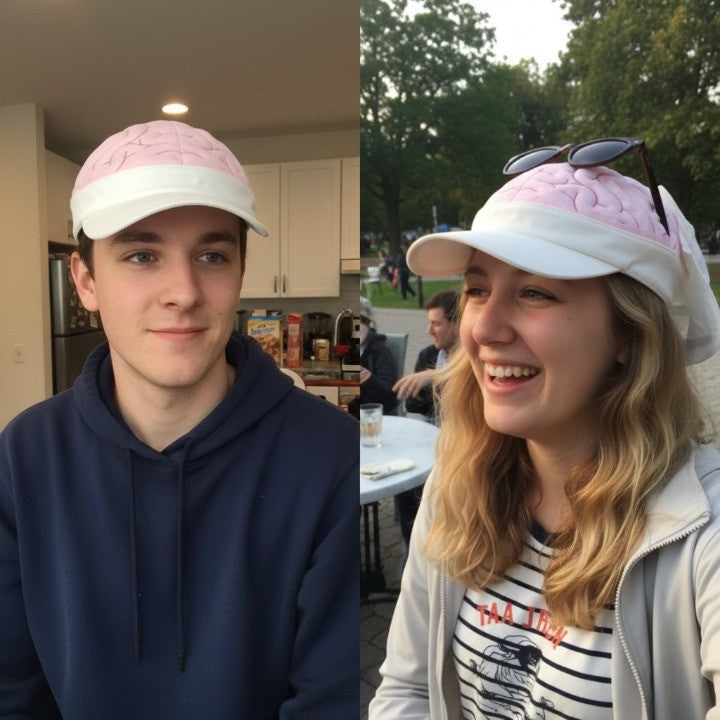 A person showcasing the surprise brain element of the novelty cap