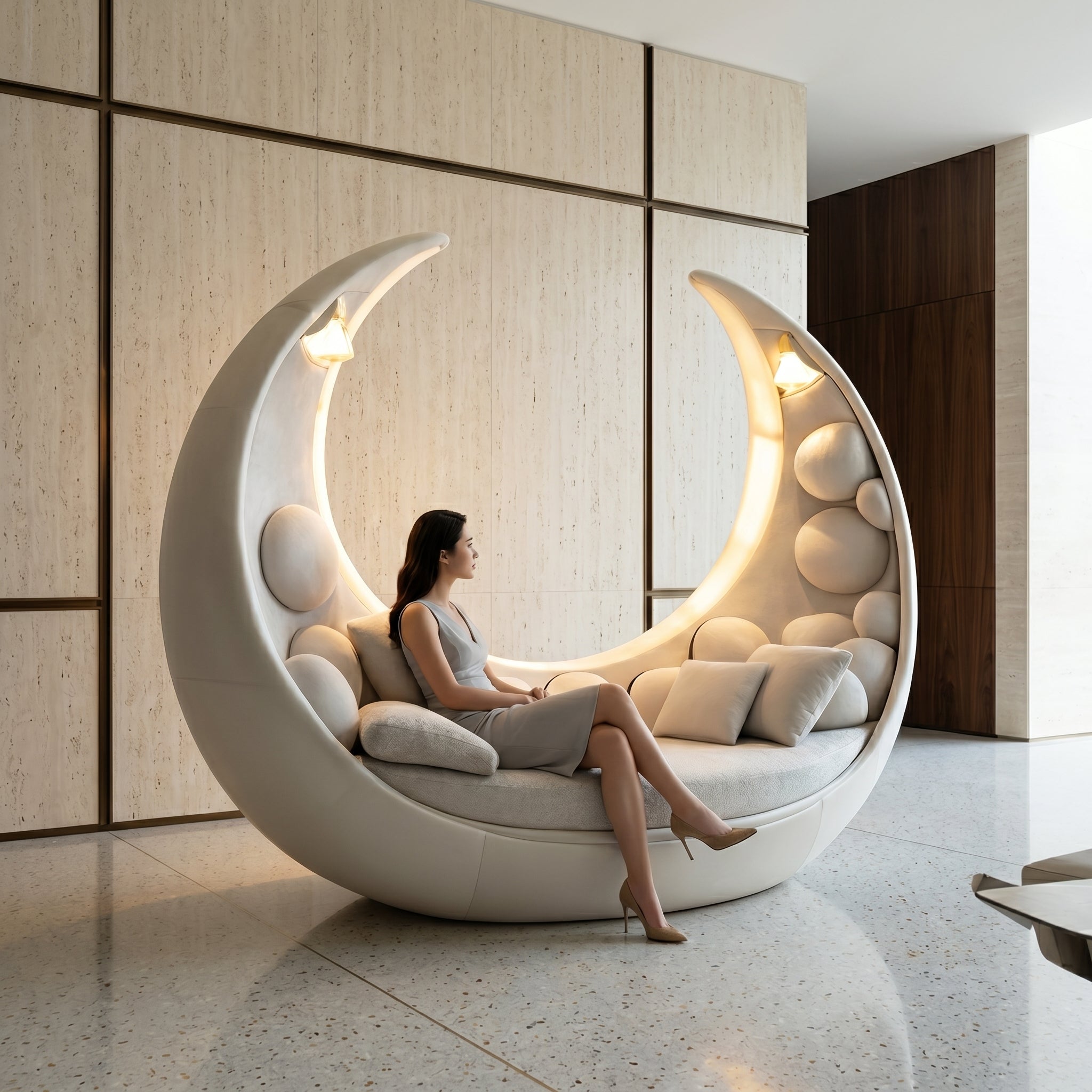The Moon Cradle sculptural sofa glowing in a modern living room