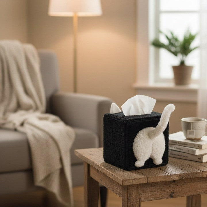 A fluffy white and orange Cat Butt Quirky Tissue Box on a wooden desk.