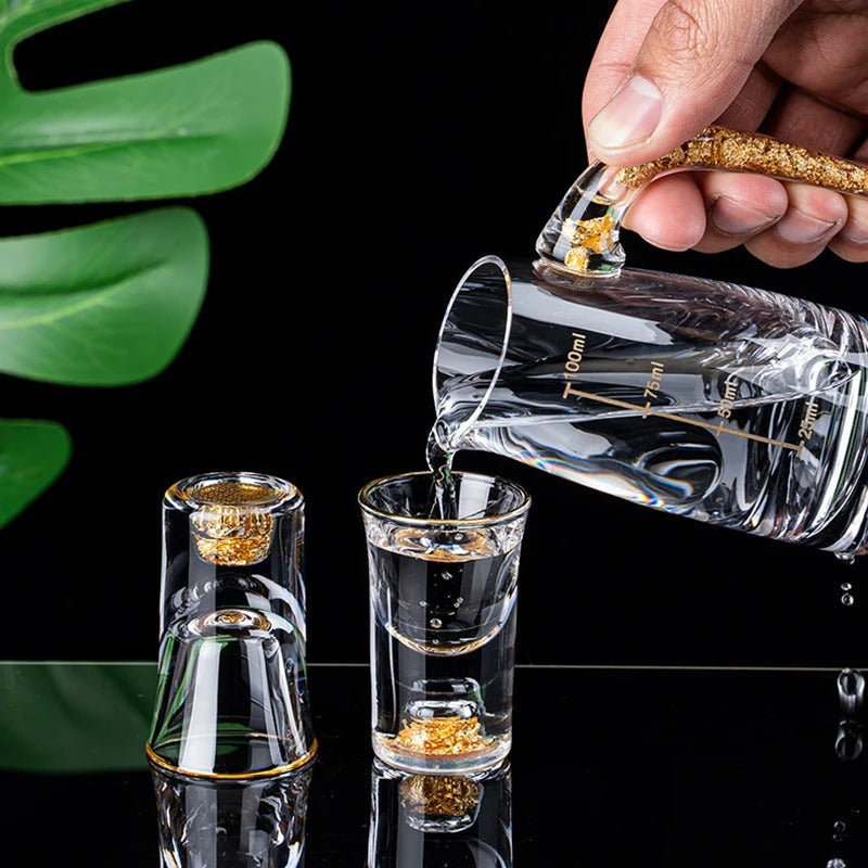 Using the golden handcrafted drink set for a luxurious toast