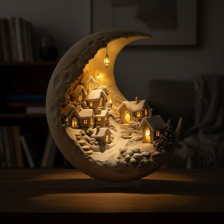 Close-up of the illuminated winter village inside the moon decor