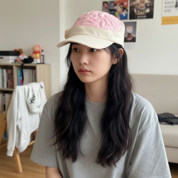 Man wearing the Hidden IQ Brain Hat as a quirky fashion statement