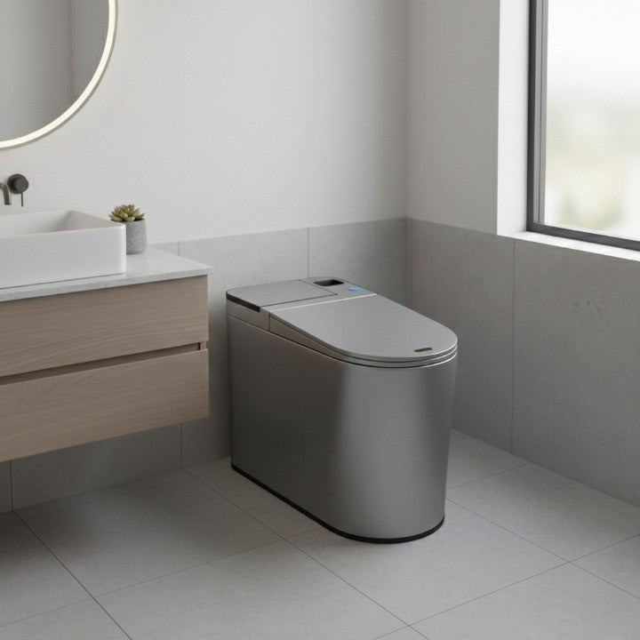 Easy-to-handle toilet brush lifts out of the integrated can