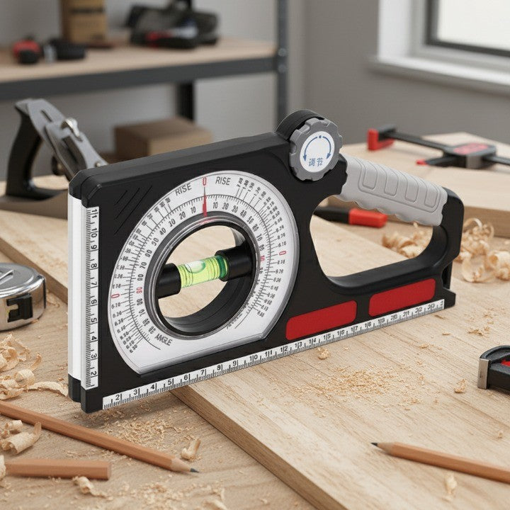 A user demonstrating the magnetic base of the angle finder on a saw blade