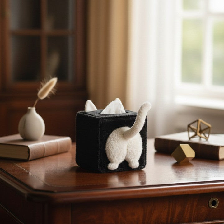 A lifestyle shot of the Cat Butt Quirky Tissue Box in a stylishly decorated room.
