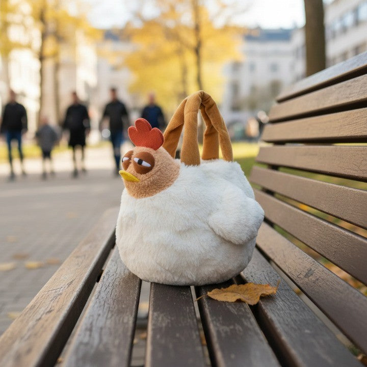 Lifestyle shot of the Chubby Tired Chicken Bag on a chair