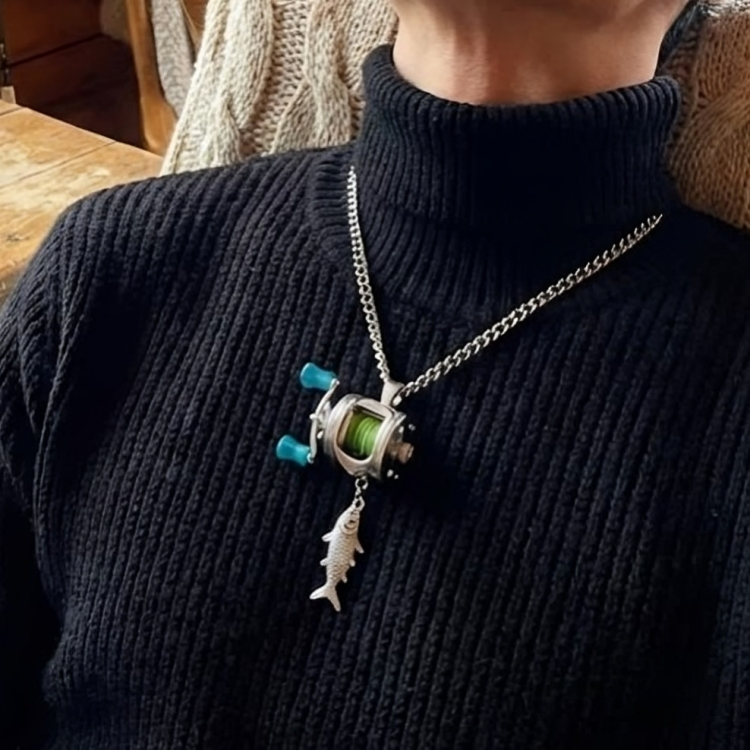 The Mini Fishing Reel Spinner Necklace shown as a perfect gift idea for him