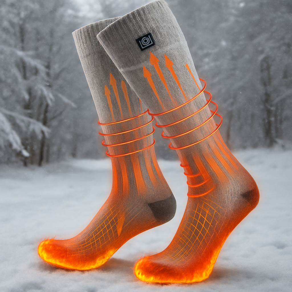 A pair of electric heated winter socks shown with rechargeable batteries