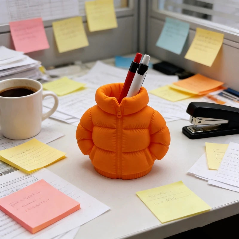 A white Mini Puffer Jacket Pen Holder as a chic and quirky desk accessory