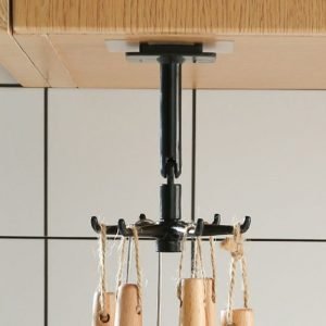 No-drill 360-degree rotating kitchen hook organizer for utensils and towels