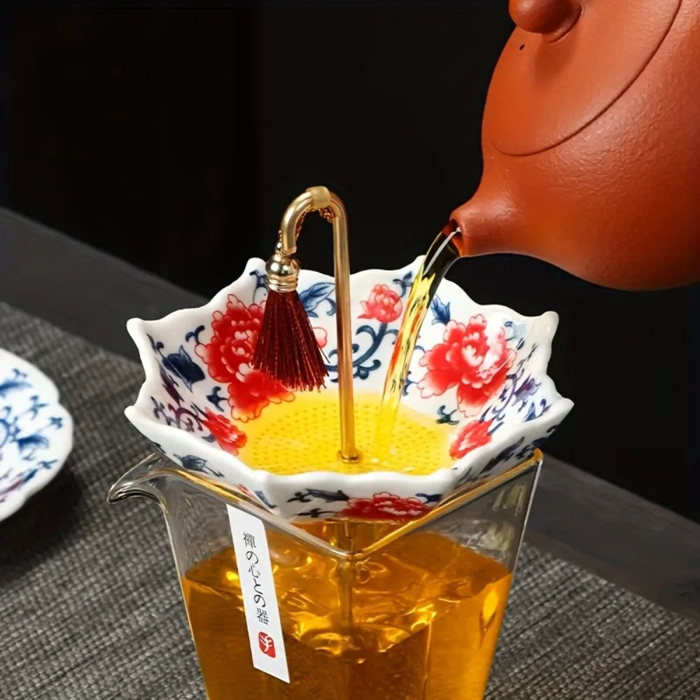 Detailed shot of the tea strainer filtering tea leaves
