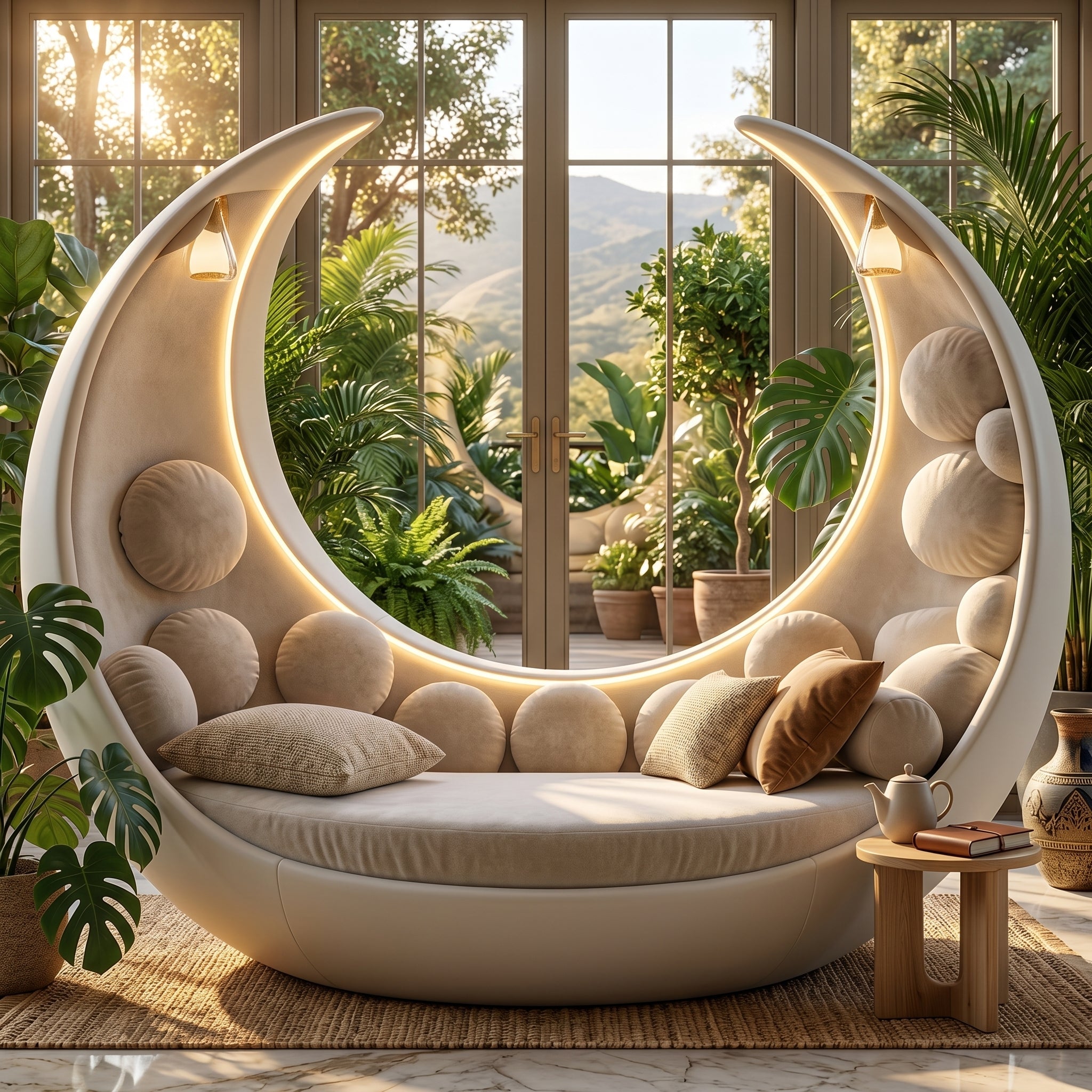 Close-up of the plush cushions and fabric on the Moon Cradle lounge